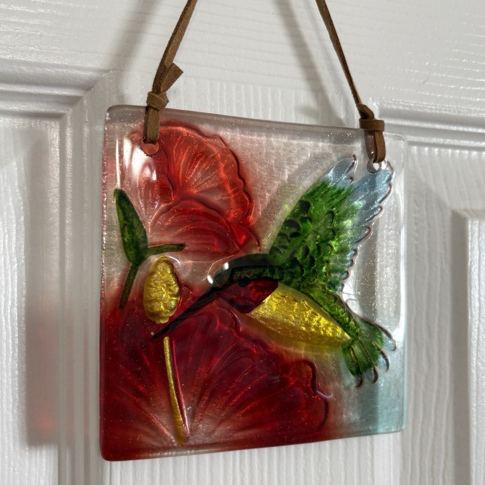 HandPainted Glass Sun Catcher Hanging Hummingbird Flower Embossed Illuminated